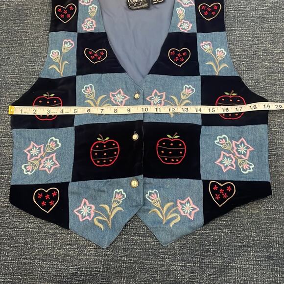 Vintage Denim Vest Velvet Patchwork Embroidery - Size Large - Picture 5 of 6